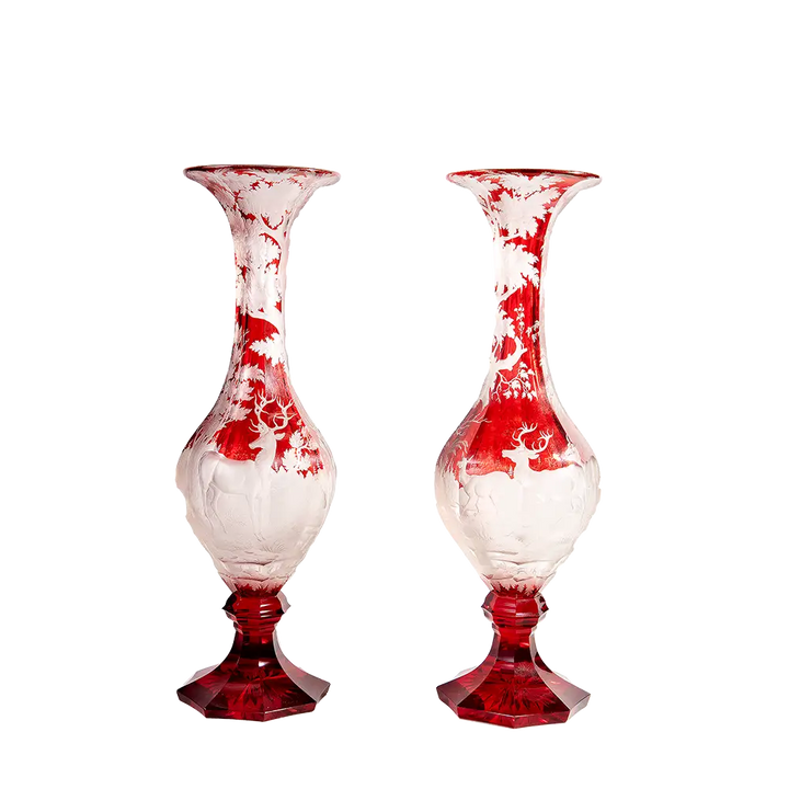 Bohemian Glass Red over Clear Engraved Vases | Pair