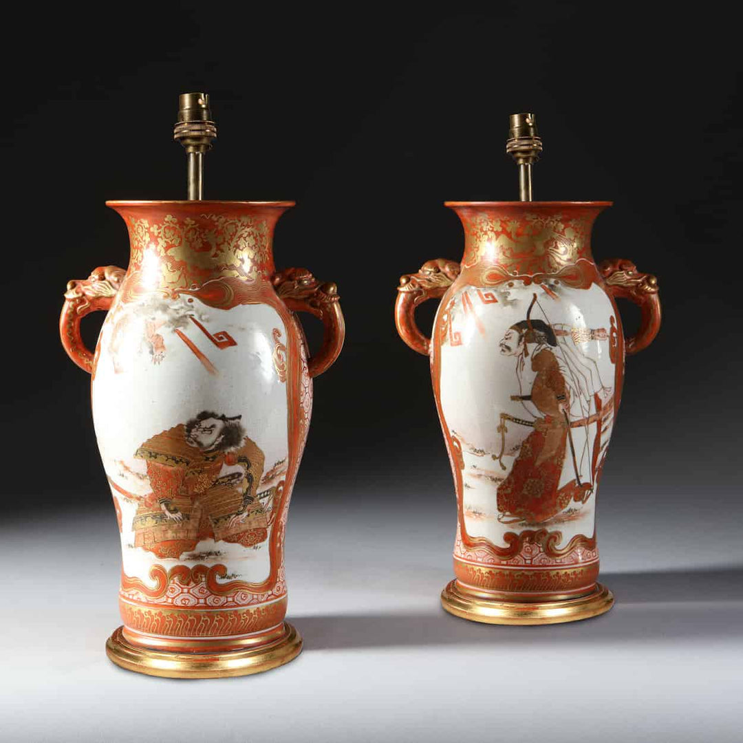 Pair of Japanese  Orange &amp; Gold on White Glaze Samurai Vases as Table Lamps