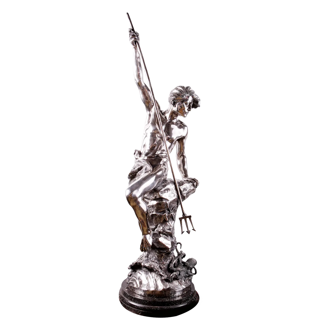 Italian Solid Silver Statue of Young Neptune holding a trident seated on a rocky base with ocean motifs.