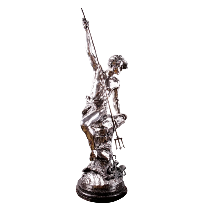 Italian Solid Silver Statue of Young Neptune holding a trident seated on a rocky base with ocean motifs.