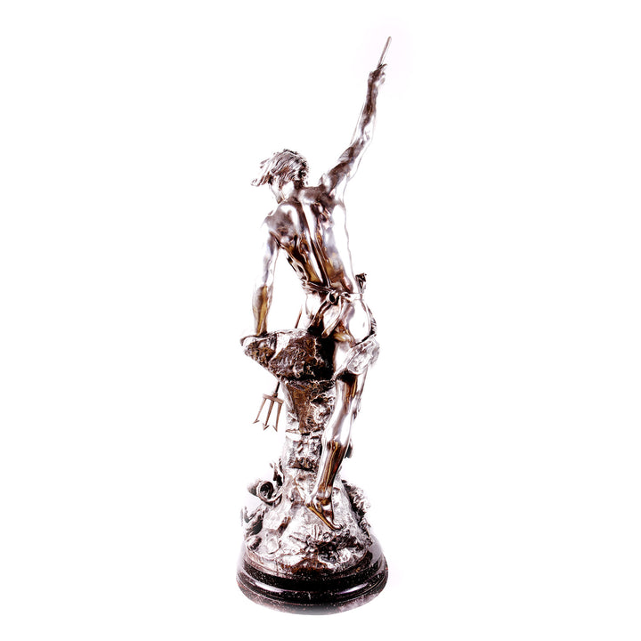Italian Solid Silver Statue of Young Neptune holding a trident, standing on a detailed base with aquatic elements.