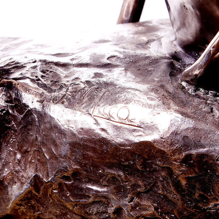 Italian Solid Silver Statue of Young Neptune close-up showing detailed textured base and artist signature engraving