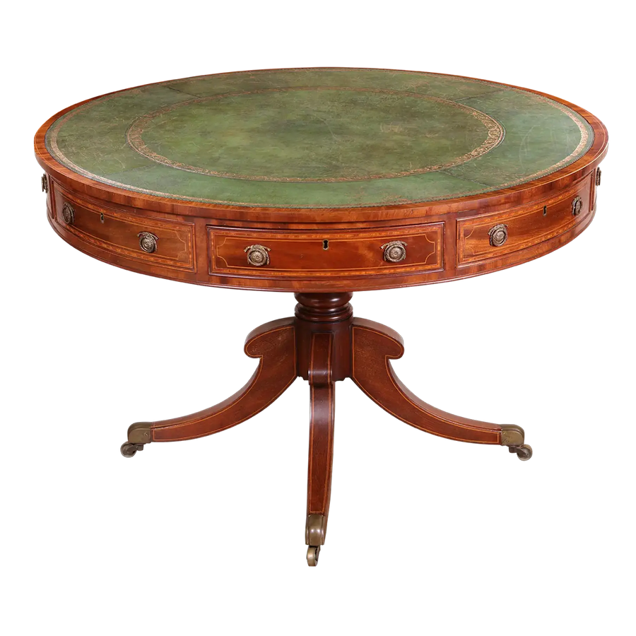 Sheraton Mahogany Drum Table with tooled leather top, crossbanded mahogany, boxwood stringing, and pedestal base with brass castors.