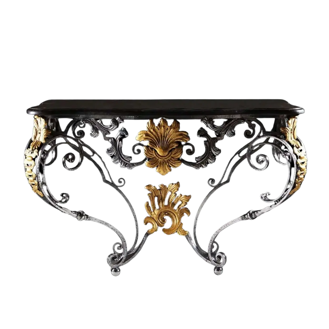 Louis XV Steel and Gilt Metal Console Table with ornate scrollwork and gilt foliate details in Rococo revival style.