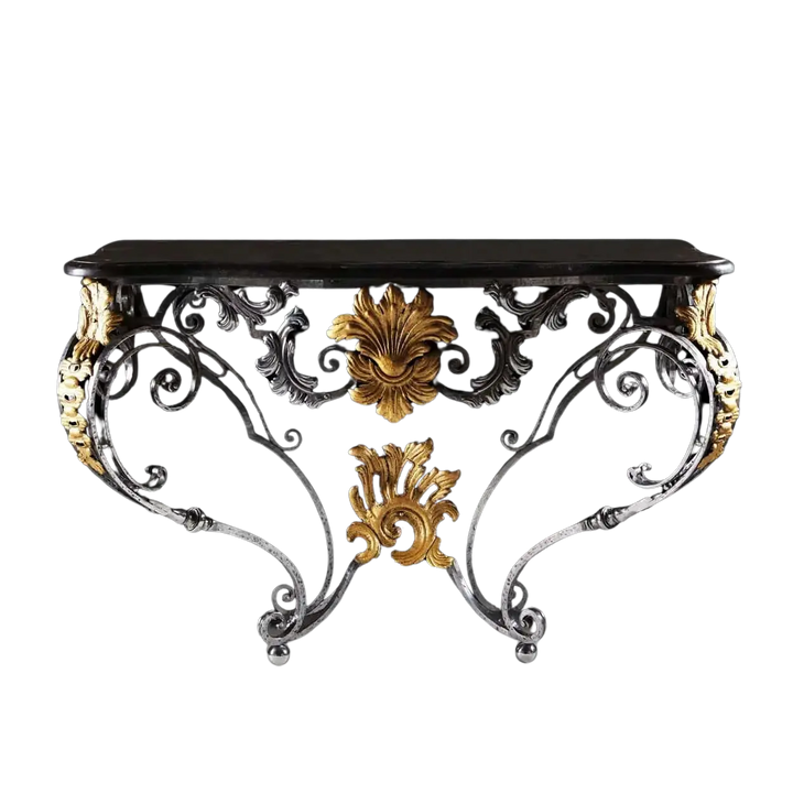 Louis XV Steel and Gilt Metal Console Table with ornate scrollwork and gilt foliate details in Rococo revival style.