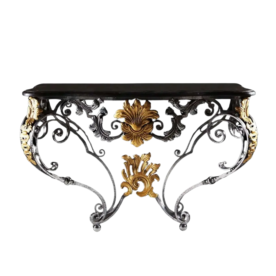 Louis XV Steel and Gilt Metal Console Table with ornate scrollwork and gilt foliate details in Rococo revival style.
