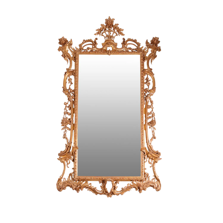 George II Giltwood Pier Mirror with carved giltwood rococo frame and detailed scrolling acanthus leaves design.