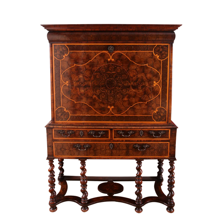 William and Mary Laburnum Oyster Secretaire Cabinet on Stand
