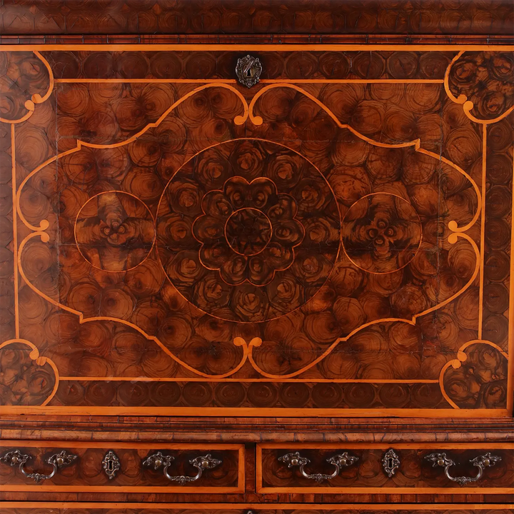 William and Mary Laburnum Oyster Secretaire Cabinet on Stand