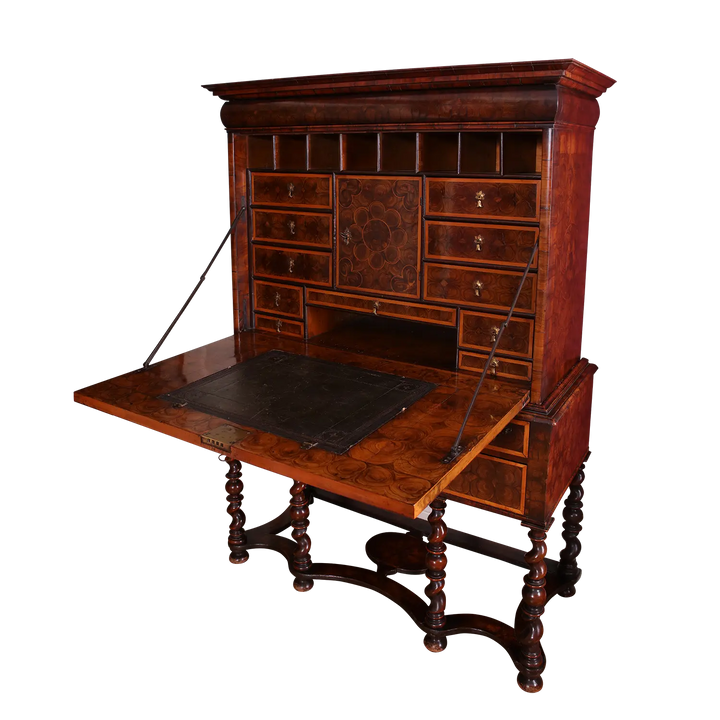 William and Mary Laburnum Oyster Secretaire Cabinet on Stand