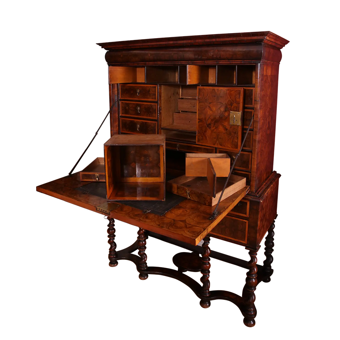 William and Mary Laburnum Oyster Secretaire Cabinet on Stand