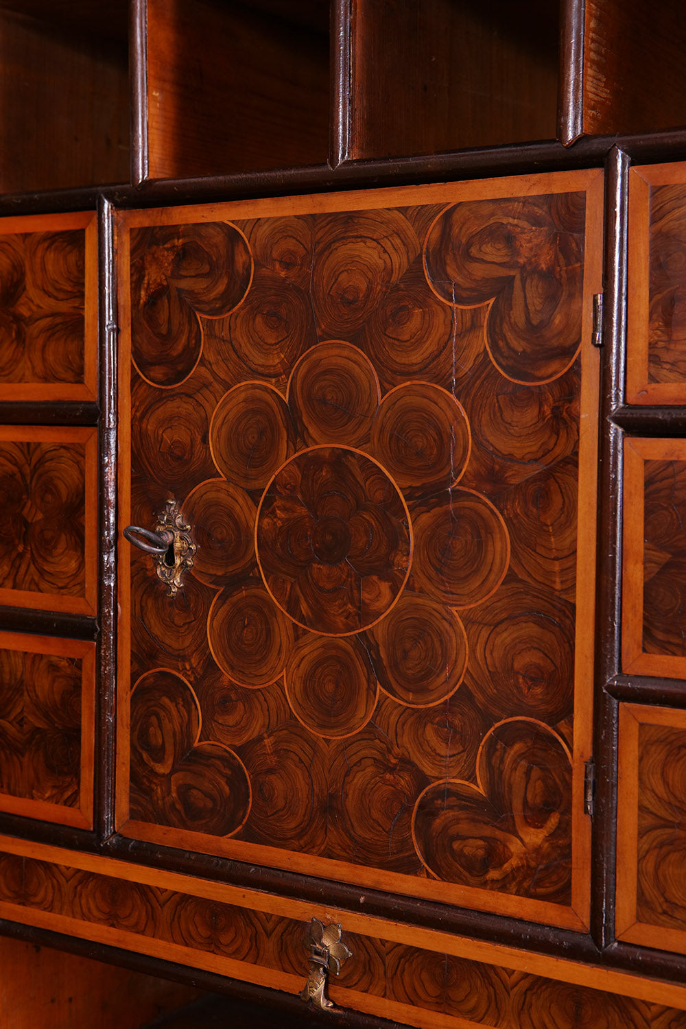William and Mary Laburnum Oyster Secretaire Cabinet on Stand