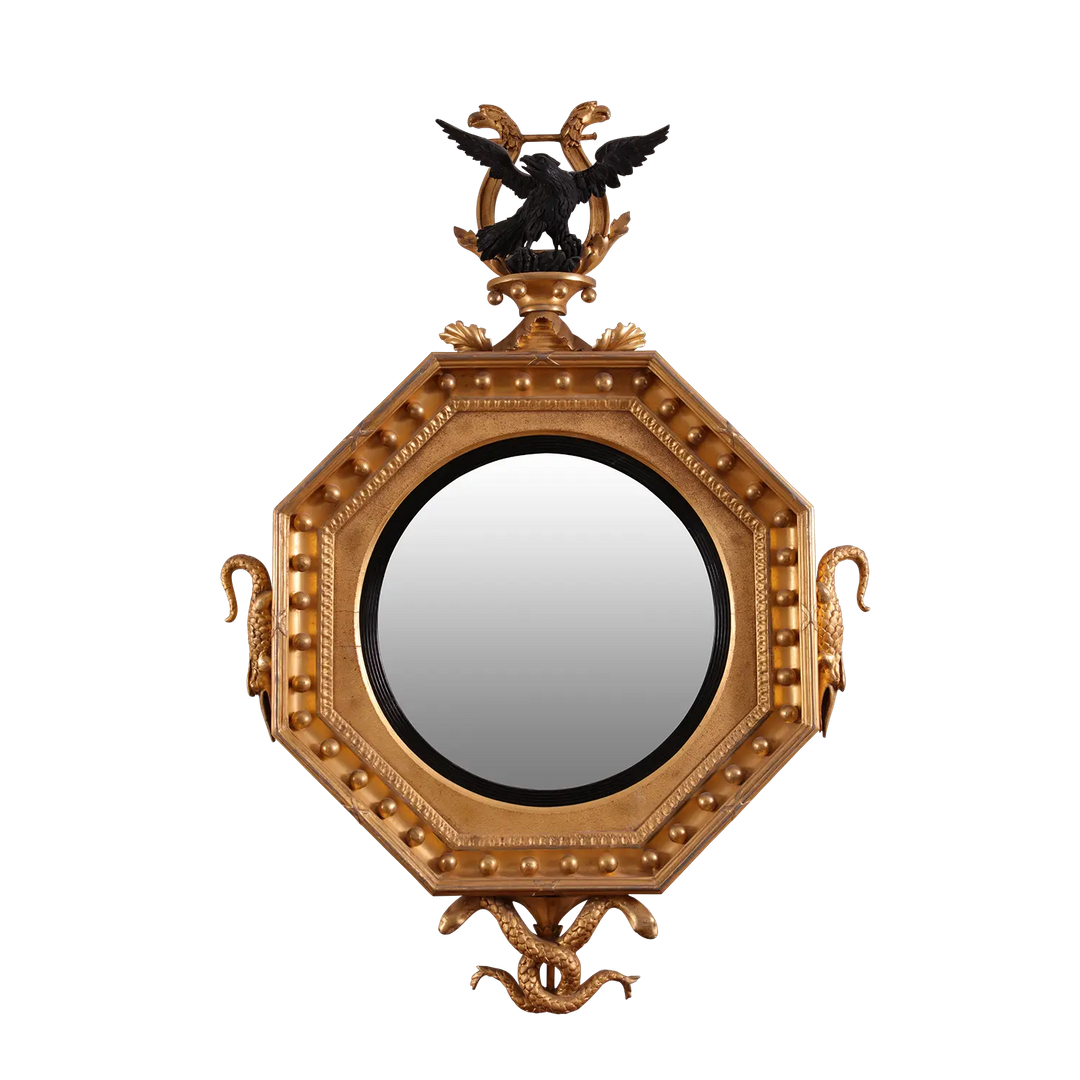 Rare Early 19th Century Regency Octagonal Convex Mirror with giltwood frame, eagle, crocodiles, and serpents carvings.