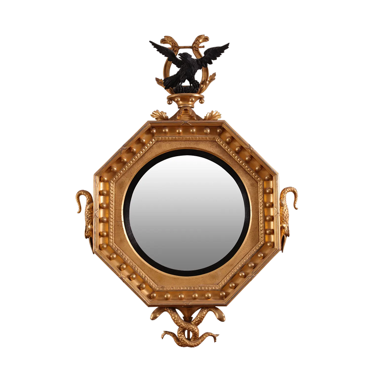 Rare Early 19th Century Regency Octagonal Convex Mirror with giltwood frame, eagle, crocodiles, and serpents carvings.