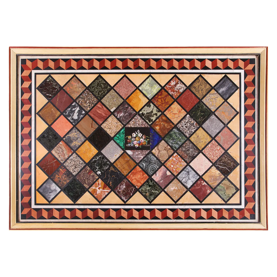 Grand Tour Specimen Marble Table Top – Mallett Coffee Table with 68 inlaid stones and central floral micromosaic.