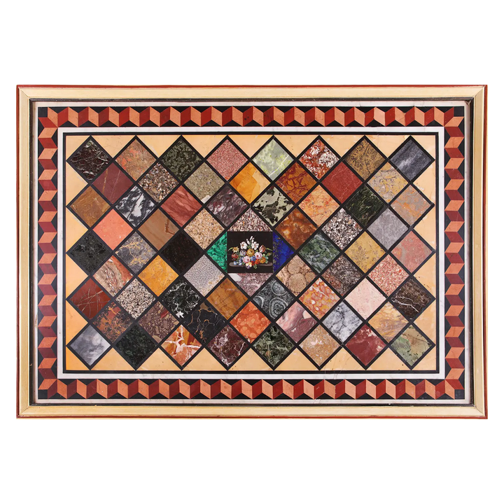 Grand Tour Specimen Marble Table Top – Mallett Coffee Table with 68 inlaid stones and central floral micromosaic.