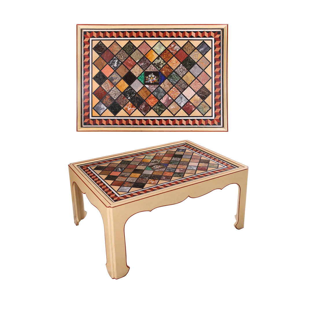 Grand Tour Specimen Marble Table Top – Mallett Coffee Table with 68 inset marbles and chinoiserie wooden base.