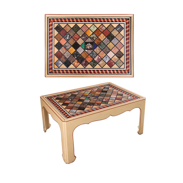 Grand Tour Specimen Marble Table Top – Mallett Coffee Table with 68 inset marbles and chinoiserie wooden base.