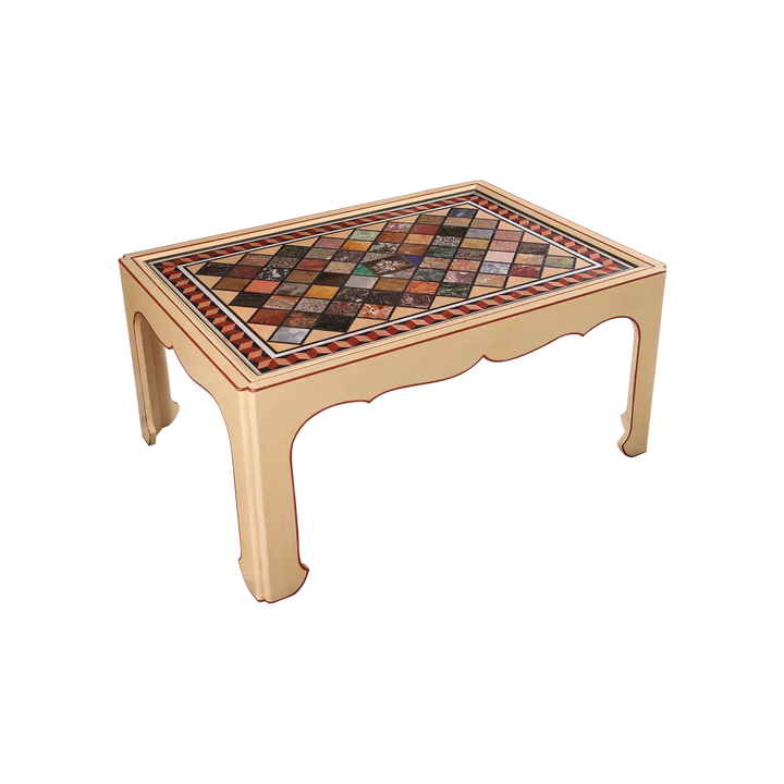 Grand Tour Specimen Marble Table Top – Mallett Coffee Table with 68 inset marbles on chinoiserie wooden base.