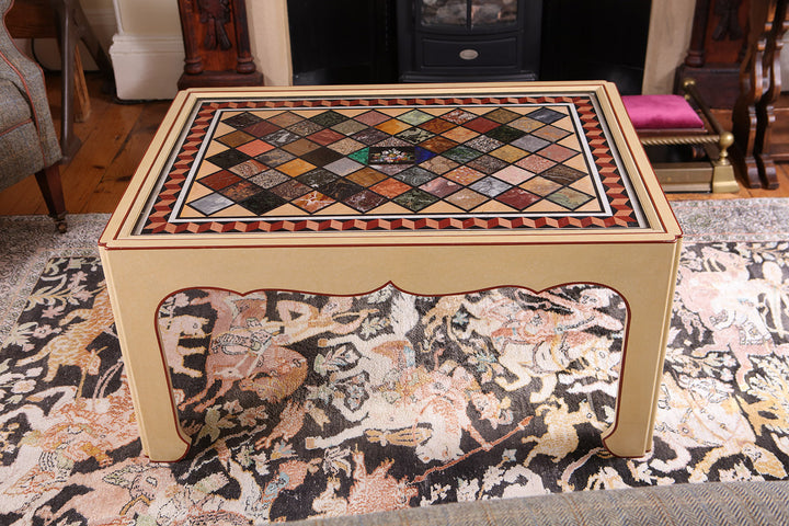Grand Tour Specimen Marble Table Top – Mallett Coffee Table with intricate marble insets and chinoiserie wooden base.