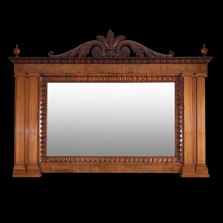 Mahogany Overmantel Mirror in the Manner of Robert Adam with carved acanthus leaf scroll and ionic pilasters.
