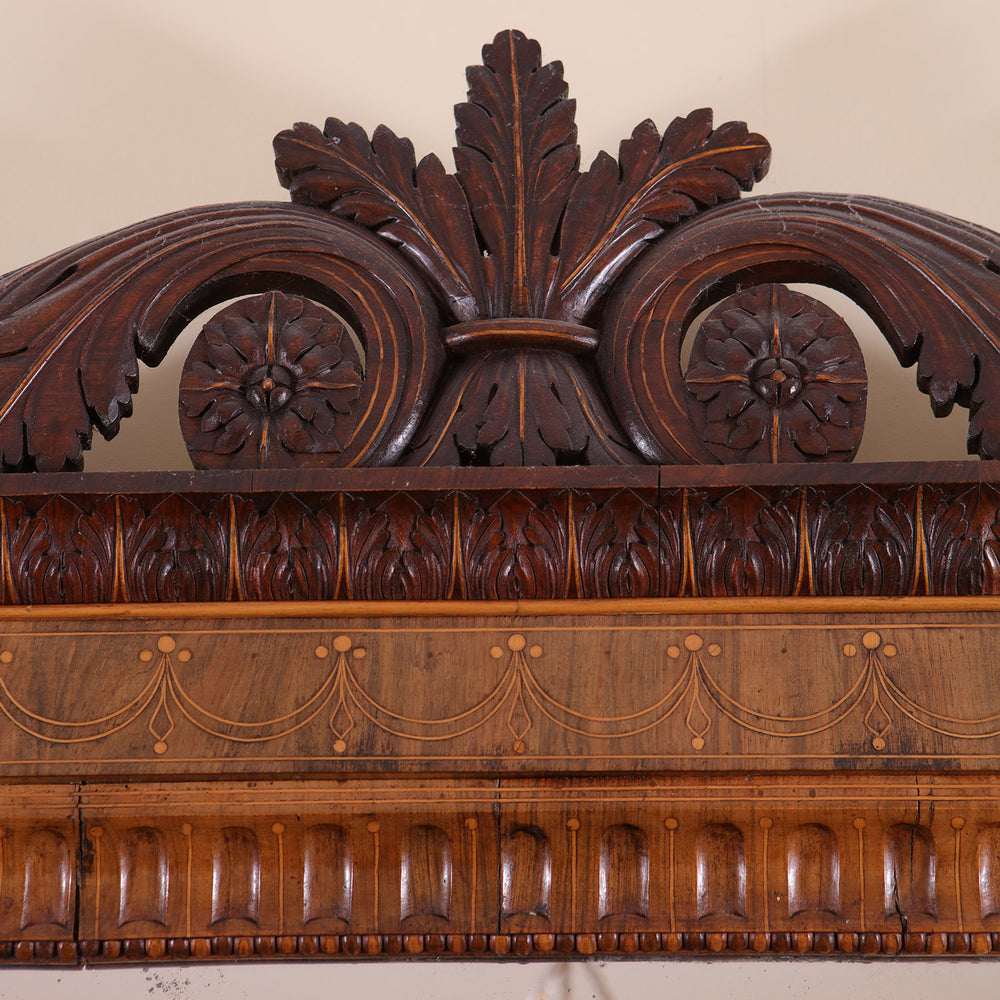 Mahogany Overmantel Mirror in the Manner of Robert Adam with intricate carved acanthus leaf and marquetry frieze details.