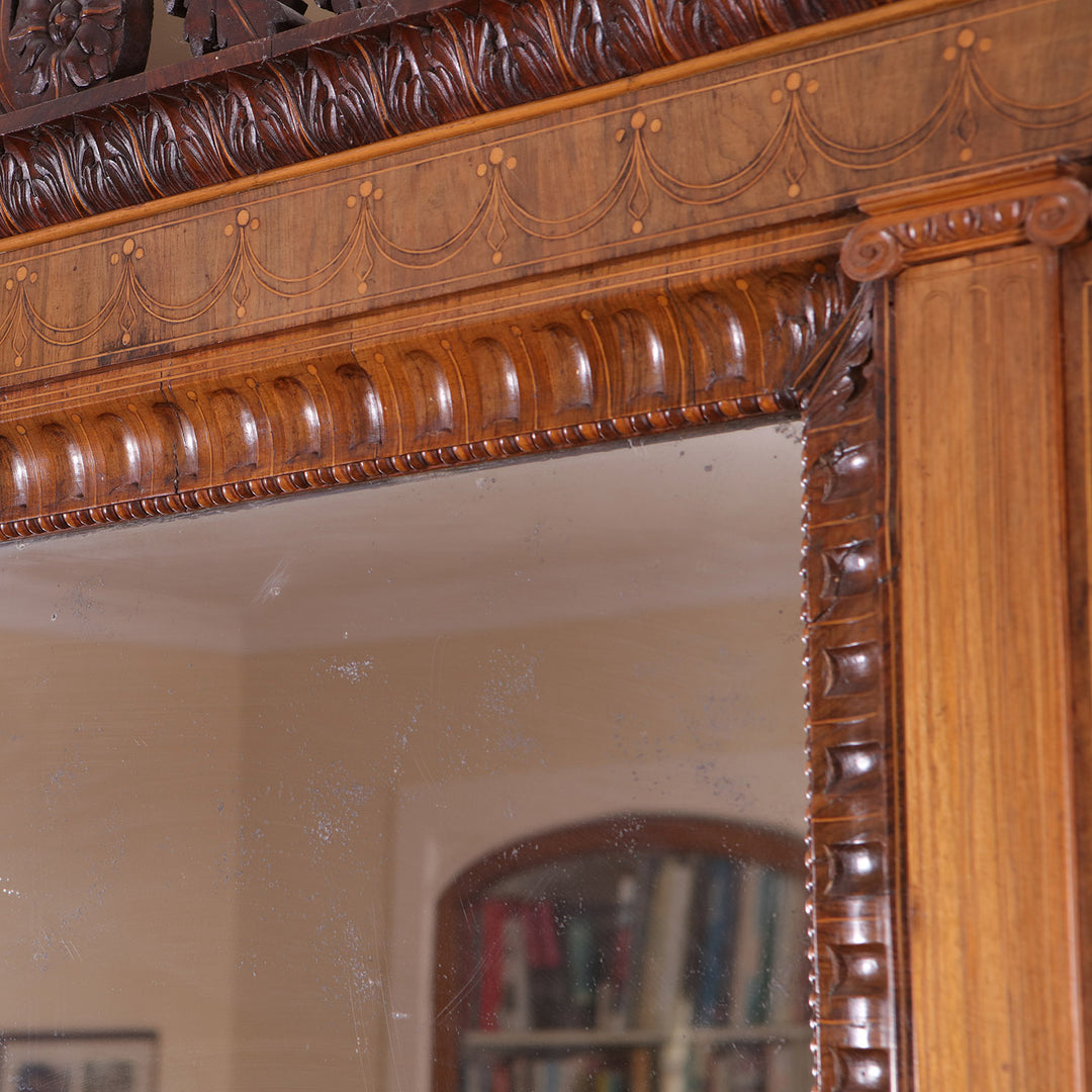 Mahogany Overmantel Mirror in the Manner of Robert Adam with carved acanthus leaf and inlaid marquetry frieze details.