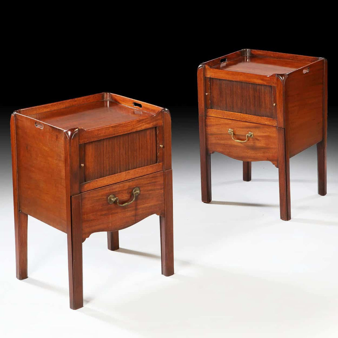 Pair of George III Period Tray Top Mahogany Bedside Cabinets with galleried tops and tambour doors.