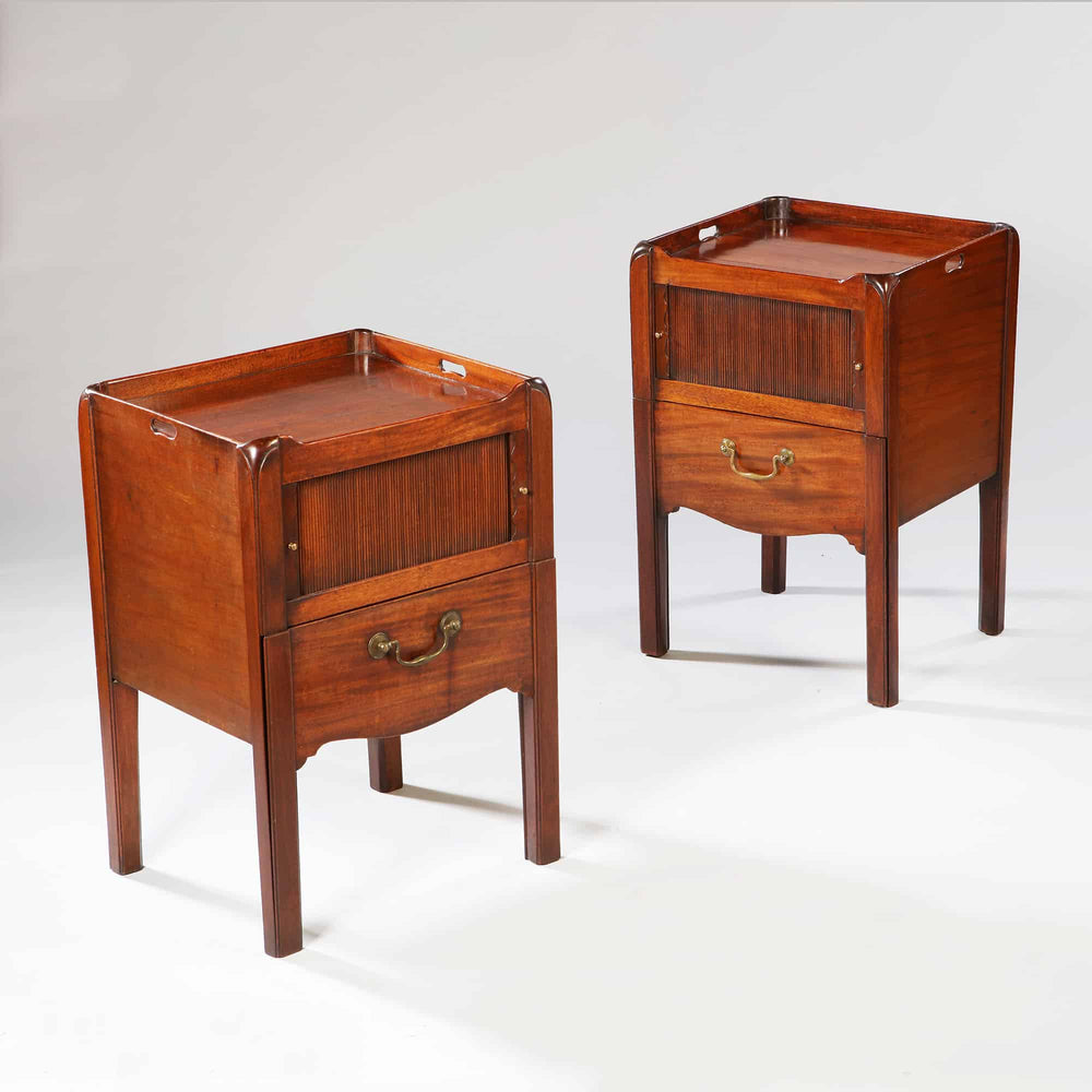 Pair of George III Period Tray Top Mahogany Bedside Cabinets with galleried tops and tambour cupboard doors.