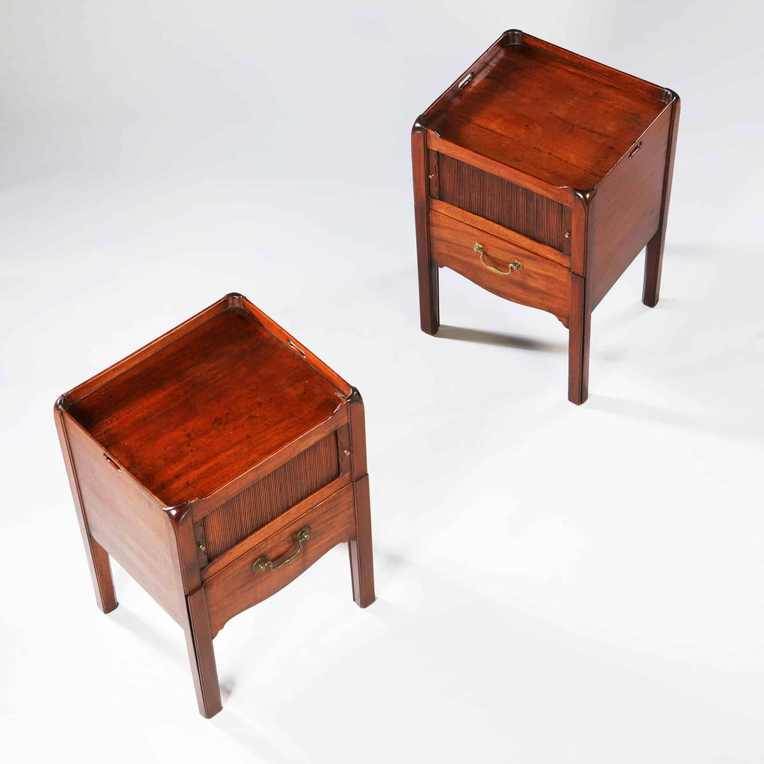 Pair of George III Period Tray Top Mahogany Bedside Cabinets with tambour doors and commode drawers English antique furniture