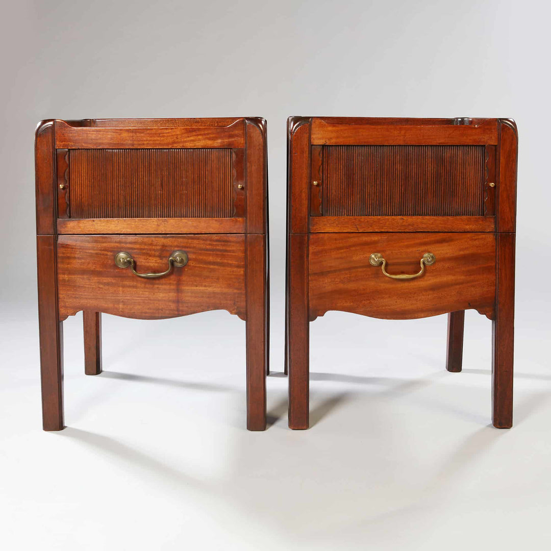 Pair of George III Period Tray Top Mahogany Bedside Cabinets with tambour doors and commode drawers, circa 1770s.