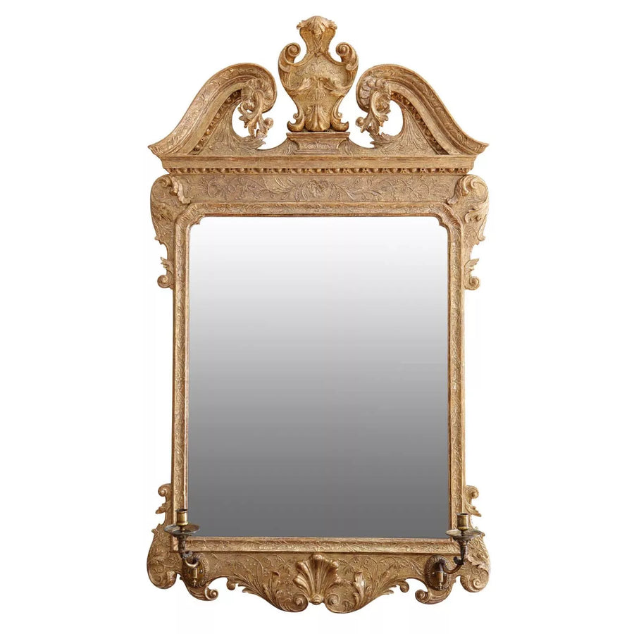 George II gesso Girandole Wall Mirror with gilt carved foliage frame and shaped crest, circa 1740, England.