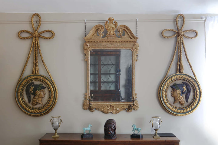 George II gesso Girandole Wall Mirror with gilt carved foliage frame, English, circa 1740, 140x81 cms.