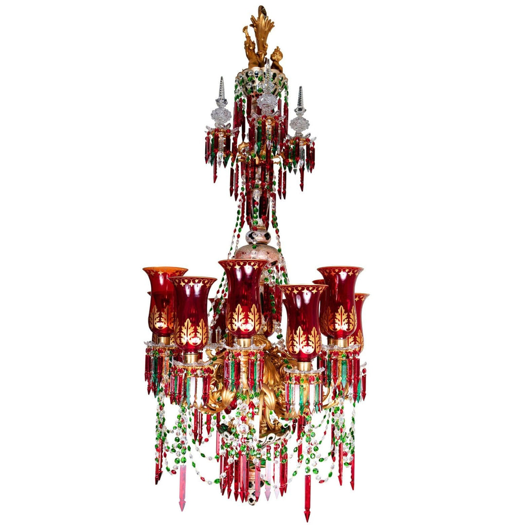 19th Century Ruby, White Over Green Crystal and Gilt Bronze Chandelier by F &amp; C Osler