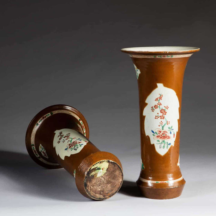 Pair Of Japanned Berlin Chinoiserie Wucai Batavia Trumpet Vases