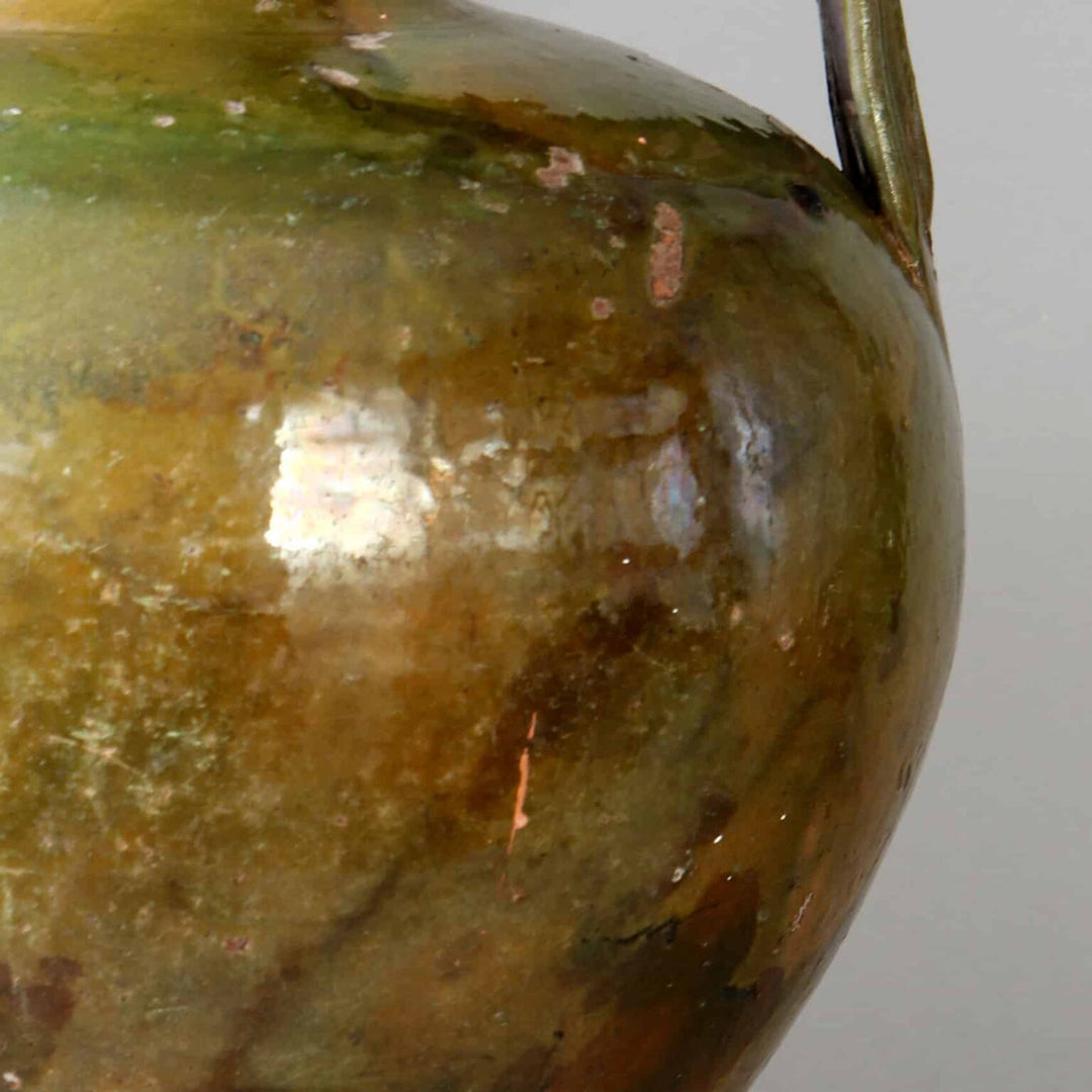 Large Green Glazed jar now mounted as a Table Lamp with a glossy green glaze and aged patina.