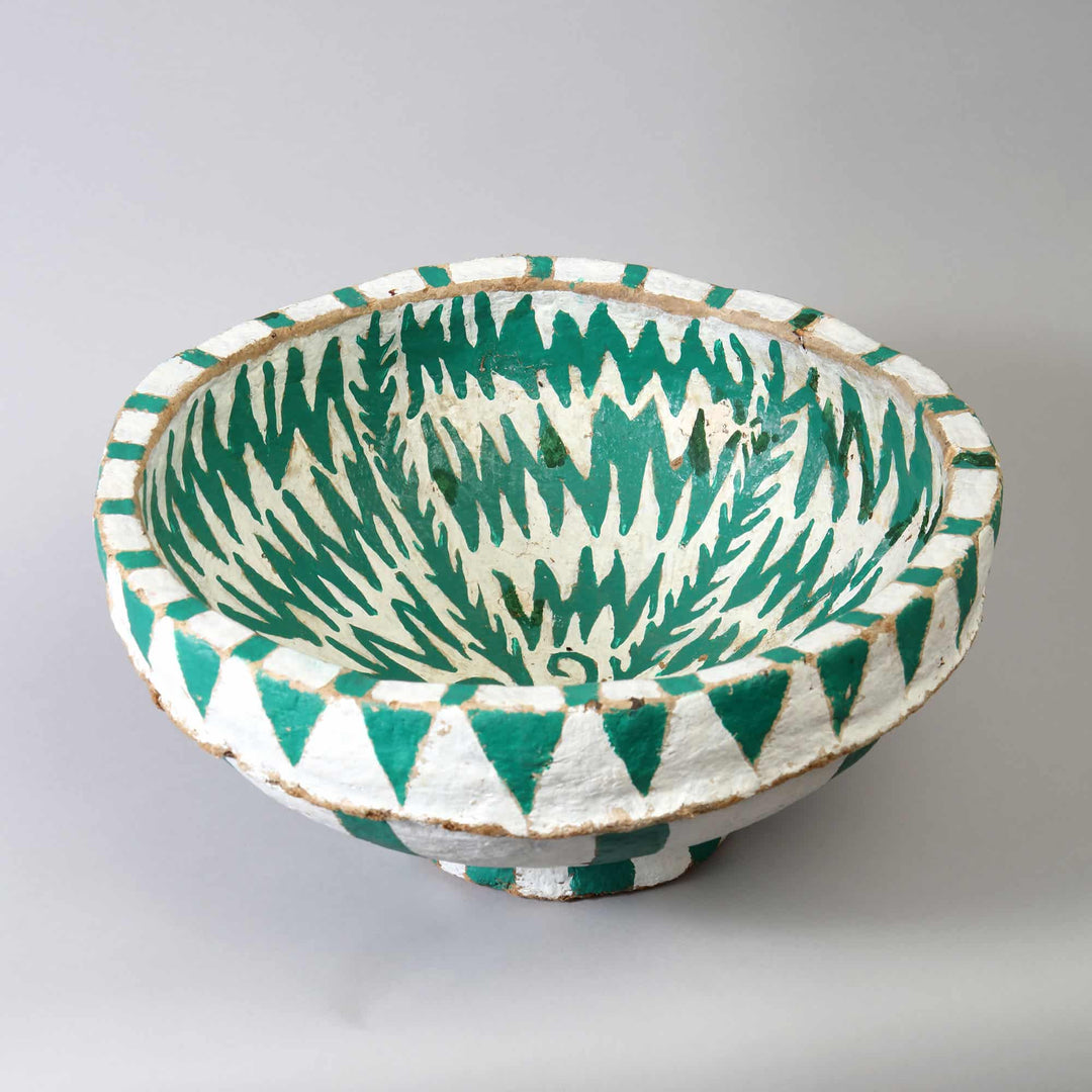 Papier Mache Green and White Bowl