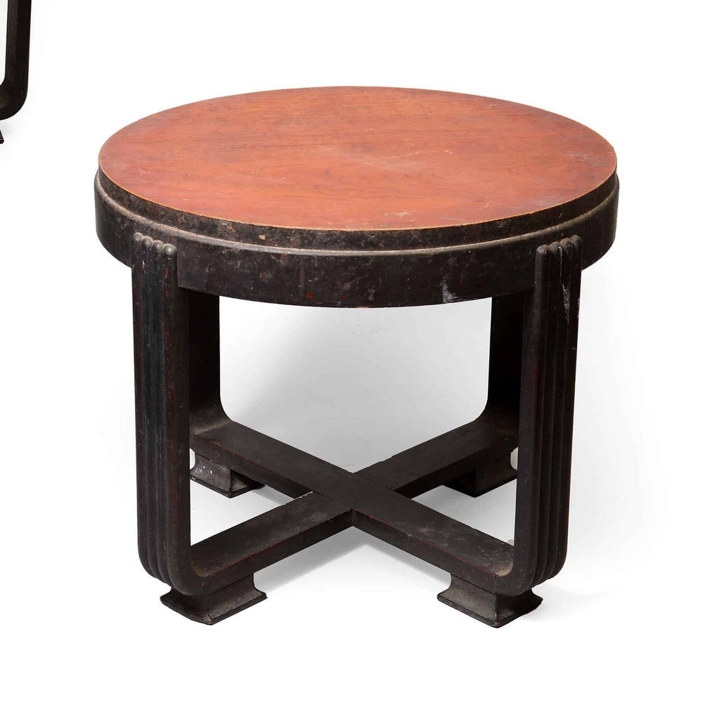 Pair of Indian Art Deco Ebonised end tables, round top with cross base, original 1930 Bombay design, 63cm diameter.