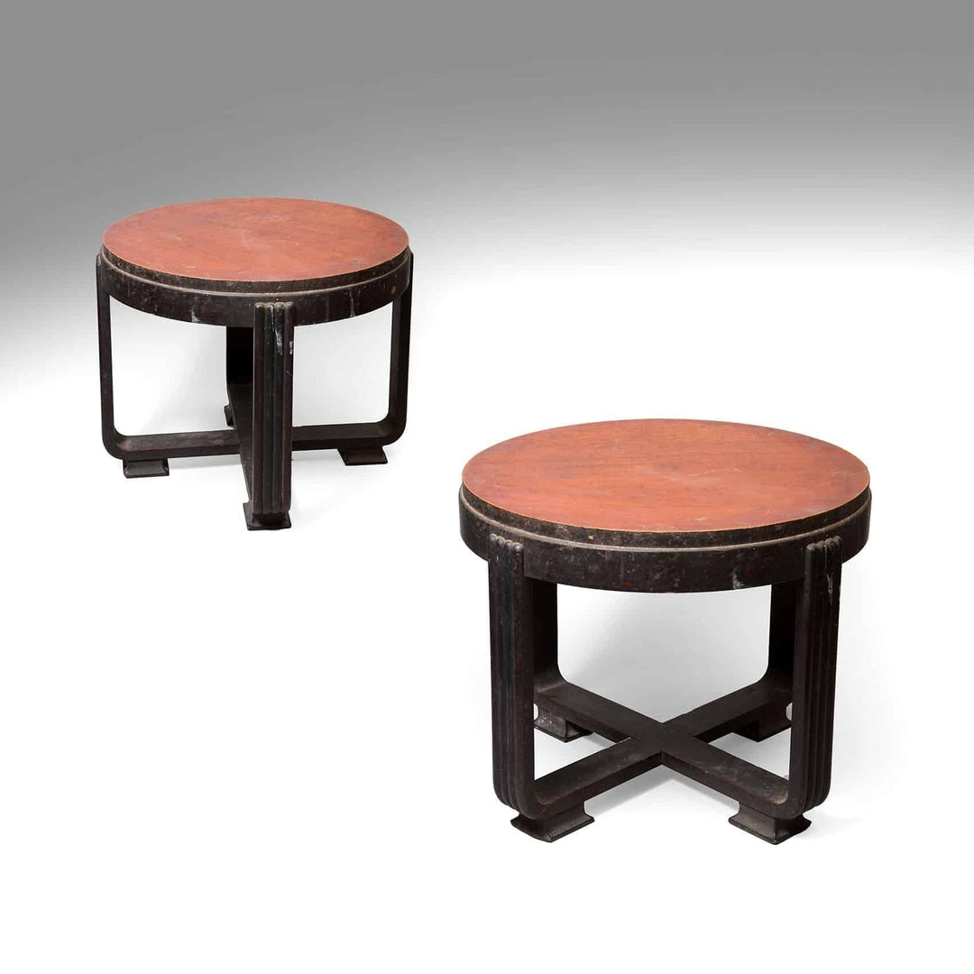 Pair of Indian Art Deco Ebonised end tables with round tops and original 1930s design from Bombay.