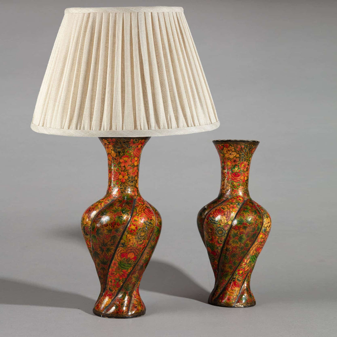 Pair of 20th Century Kashmiri Spiral Polychrome Vases as Table Lamps