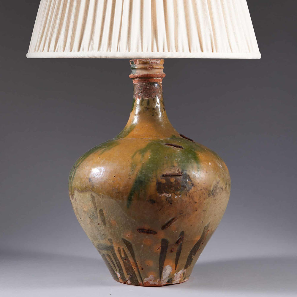 Glazed Ceramic Bottle Vase With Old Restorations Mounted as a Table Lamp, continental circa 1880, 34 cm tall.