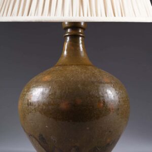 Ceramic Glazed Bottle Vase Mounted as a Table Lamp with brown glaze and white fabric lampshade circa 1880.