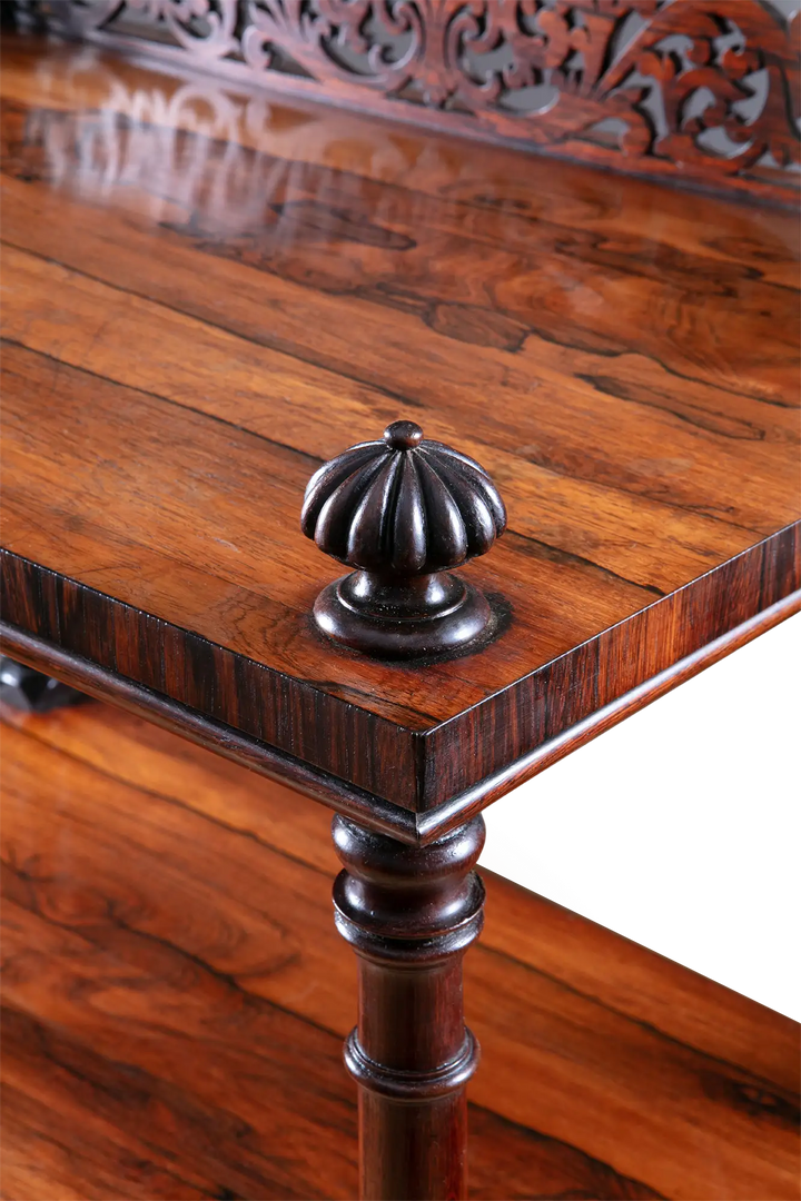 Victorian Rosewood Whatnot Etagere close-up of carved wooden finial and polished rosewood surface on turned column leg.