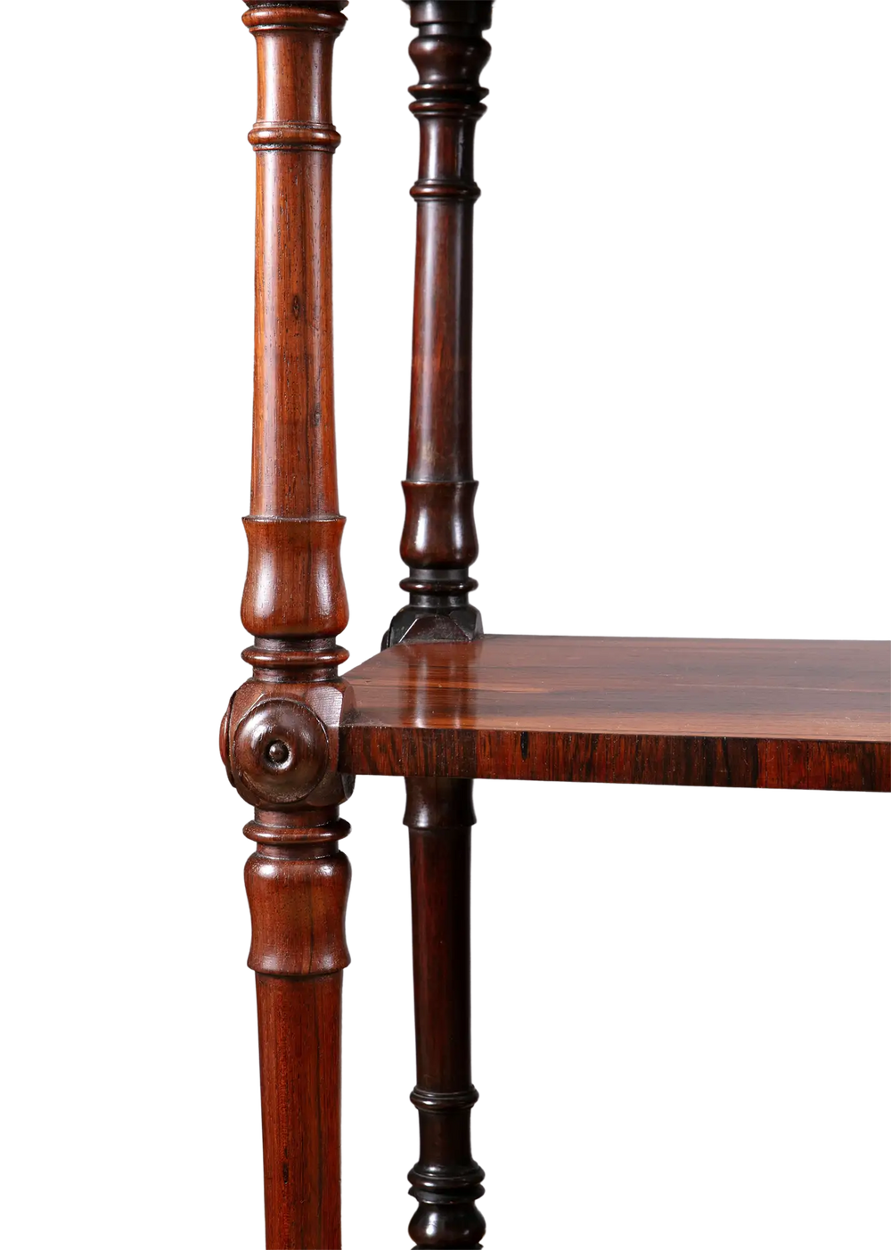Victorian Rosewood Whatnot Etagere with turned columns, pierced gallery top, and bobbin handle drawer, circa 1850 England.