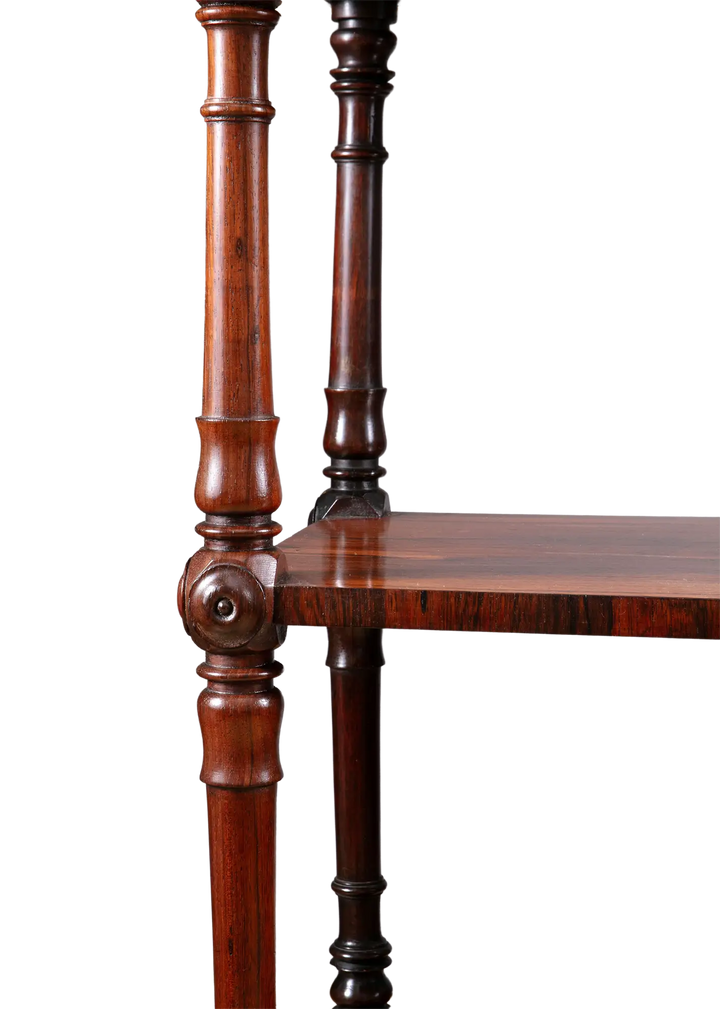 Victorian Rosewood Whatnot Etagere with turned columns, pierced gallery top, and bobbin handle drawer, circa 1850 England.
