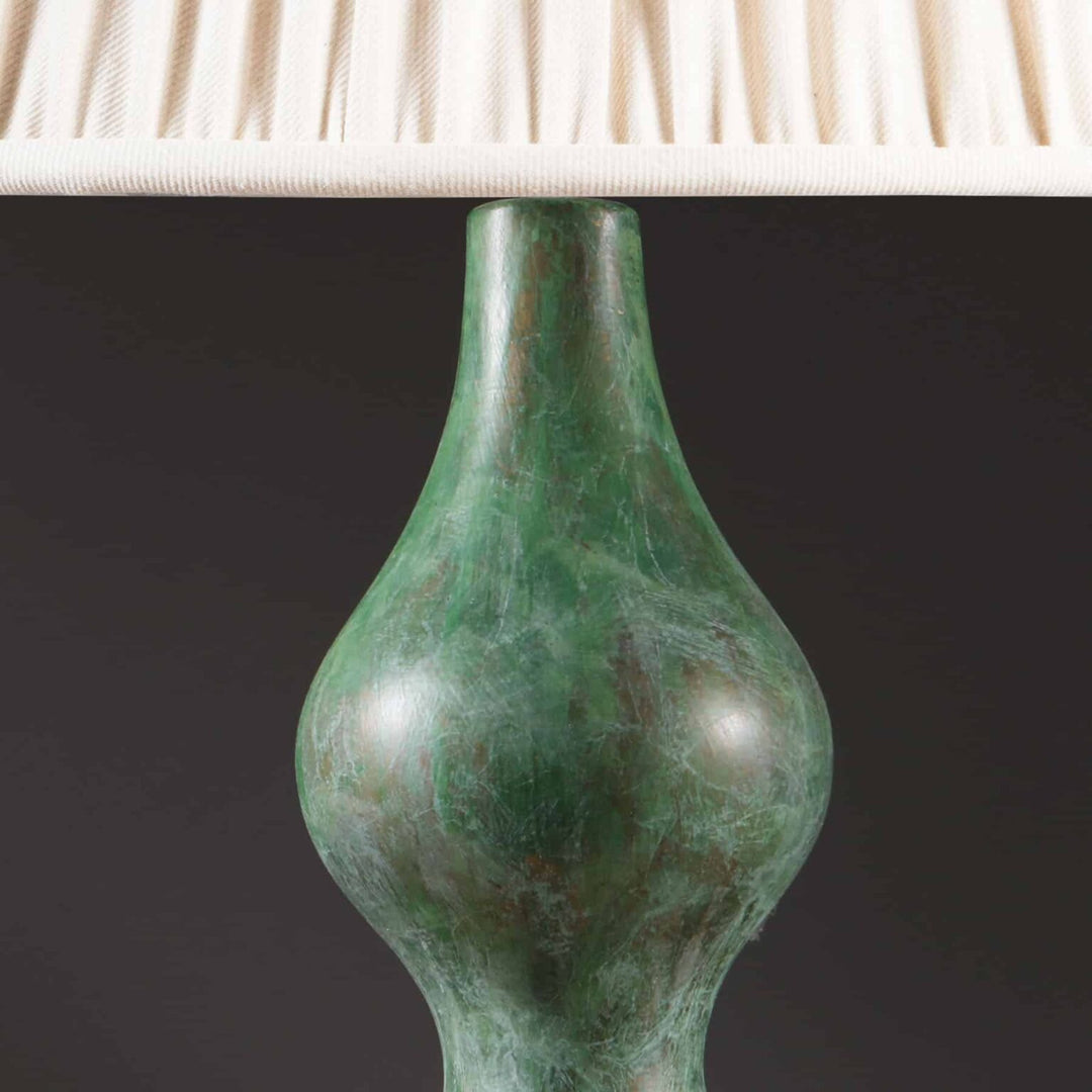 Pair of Green and Gold Lacquered Wooden Table Lamps with Chinese inspired wooden base and fabric lampshade.