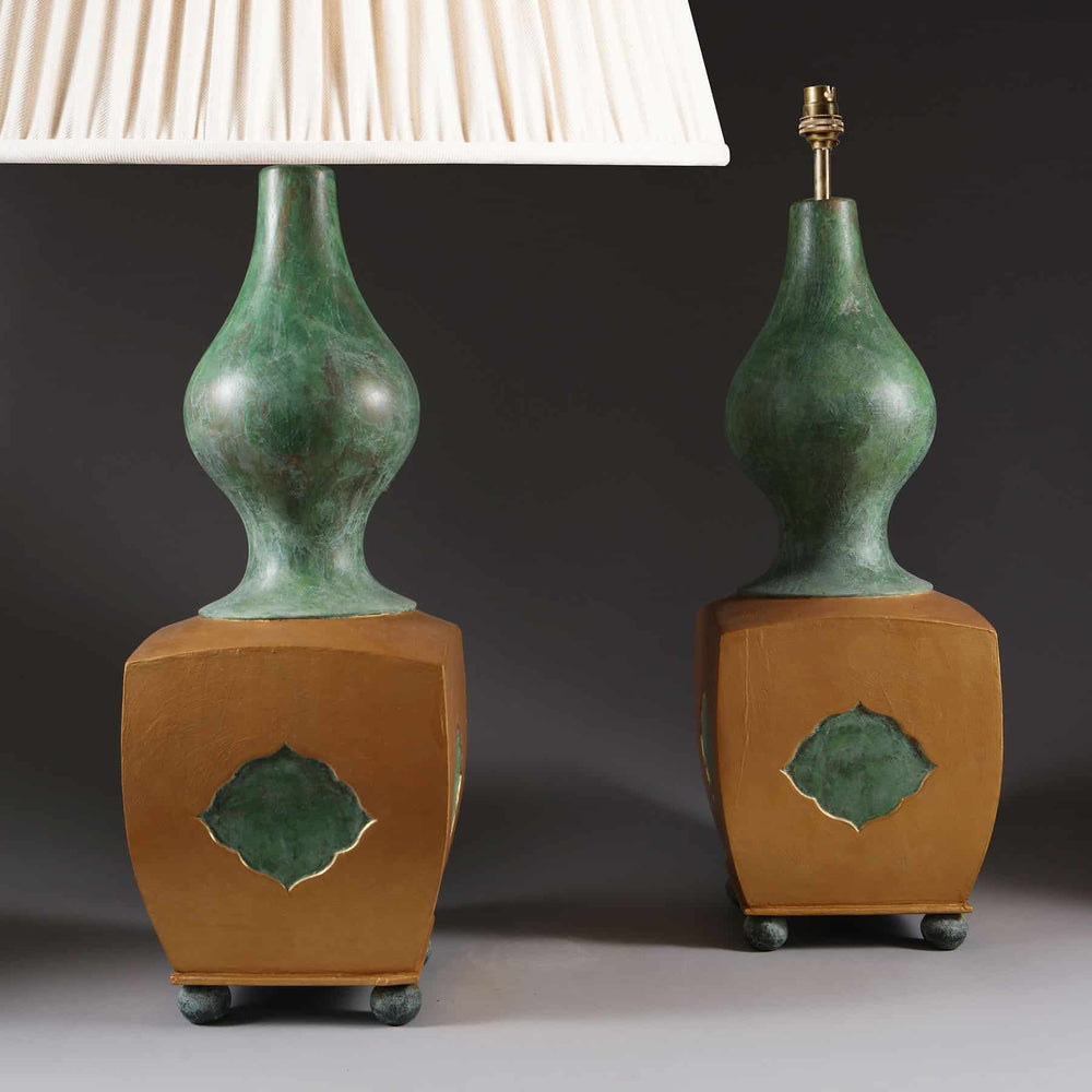 Pair of Green and Gold Lacquered Wooden Table Lamps with Chinese inspired design, modern style, 55 cm height and 22 cm width.