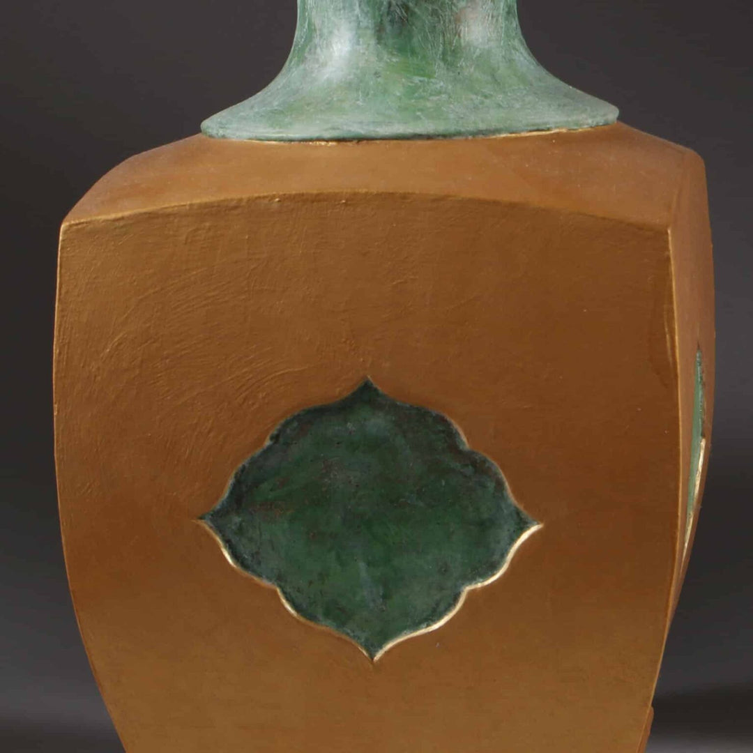 Pair of Green and Gold Lacquered Wooden Table Lamps with Chinese inspired design and wooden base.