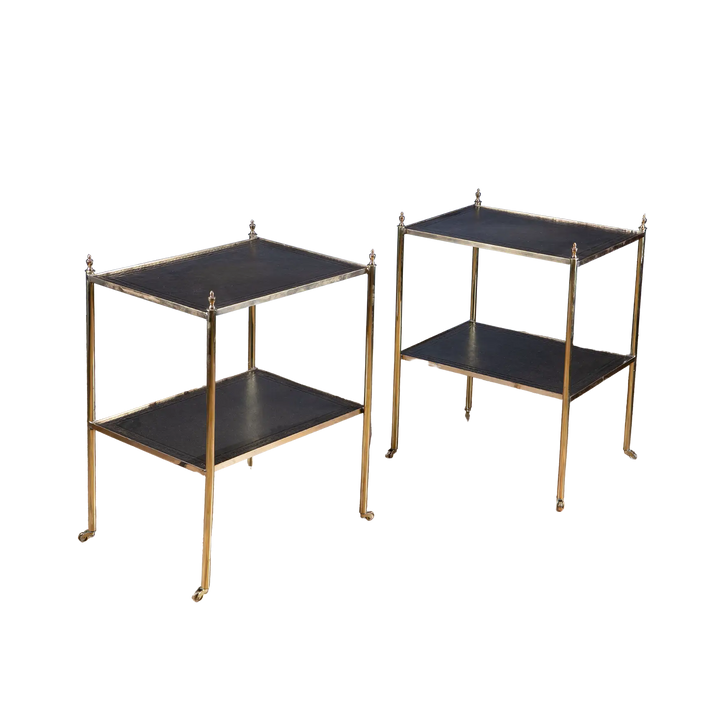 Pair of Brass and Leather Etagere End Tables with gilt tooled leather tops, brass legs, finials, and castors, England circa 2000.