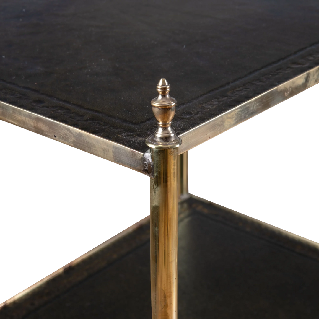 Pair of Brass and Leather Etagere End Tables with gilt leather tops and turned brass legs on small castors.